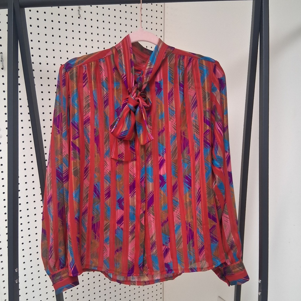 Vintage 80s Lilli Ann 2 Pc Set Bow Blouse Skirt Abstract Print ILGWU Colorful